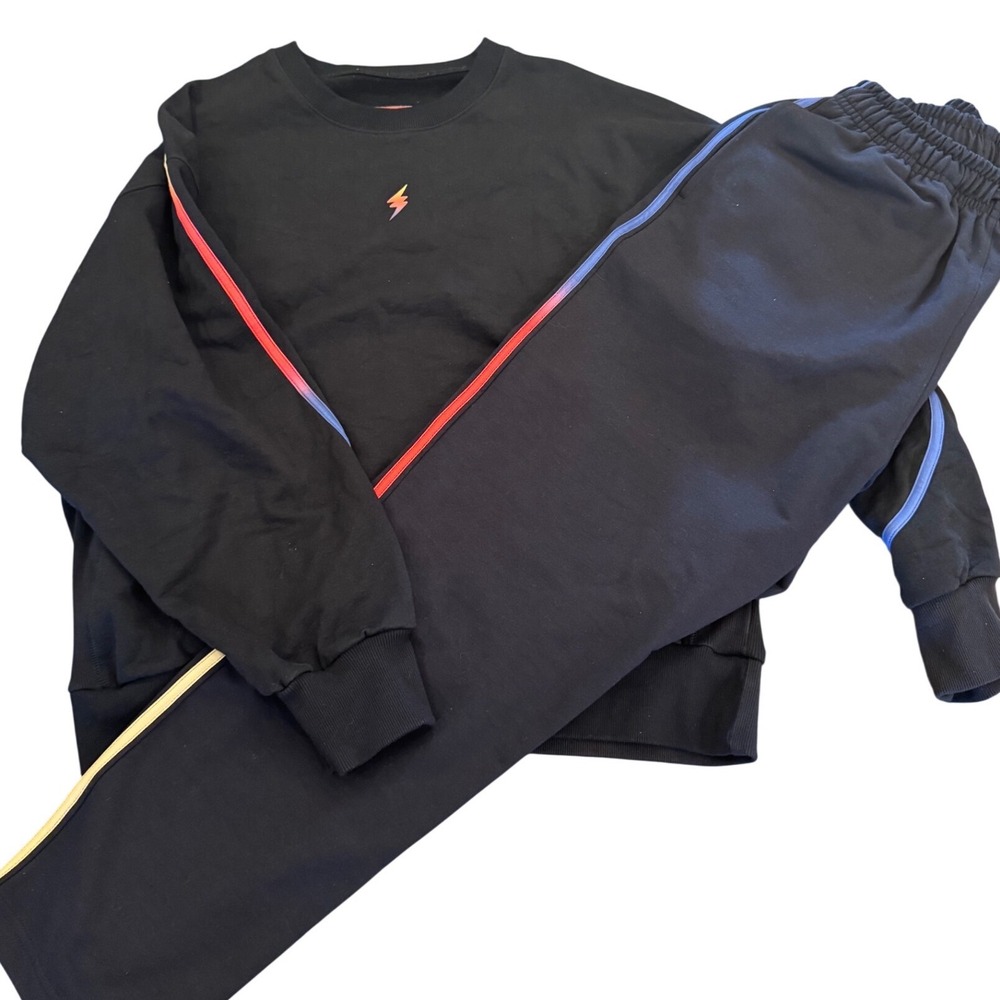 J Balvin Mens Black Lightning Bolt Rainbow Stripe Sweatshirt and Pants Set L